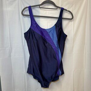 Retro Speedo One piece Swimsuit Sz 16 Colorblok Navy Teal Purple
